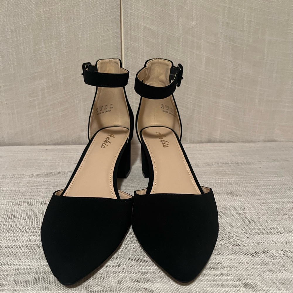 Chic Black Ankle Strap suede Chunky Heels